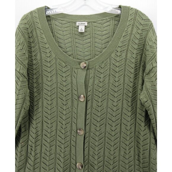 LL Bean Sweater Large Olive Cardigan Pointelle Button Up Scoop Neck - Picture 2 of 10
